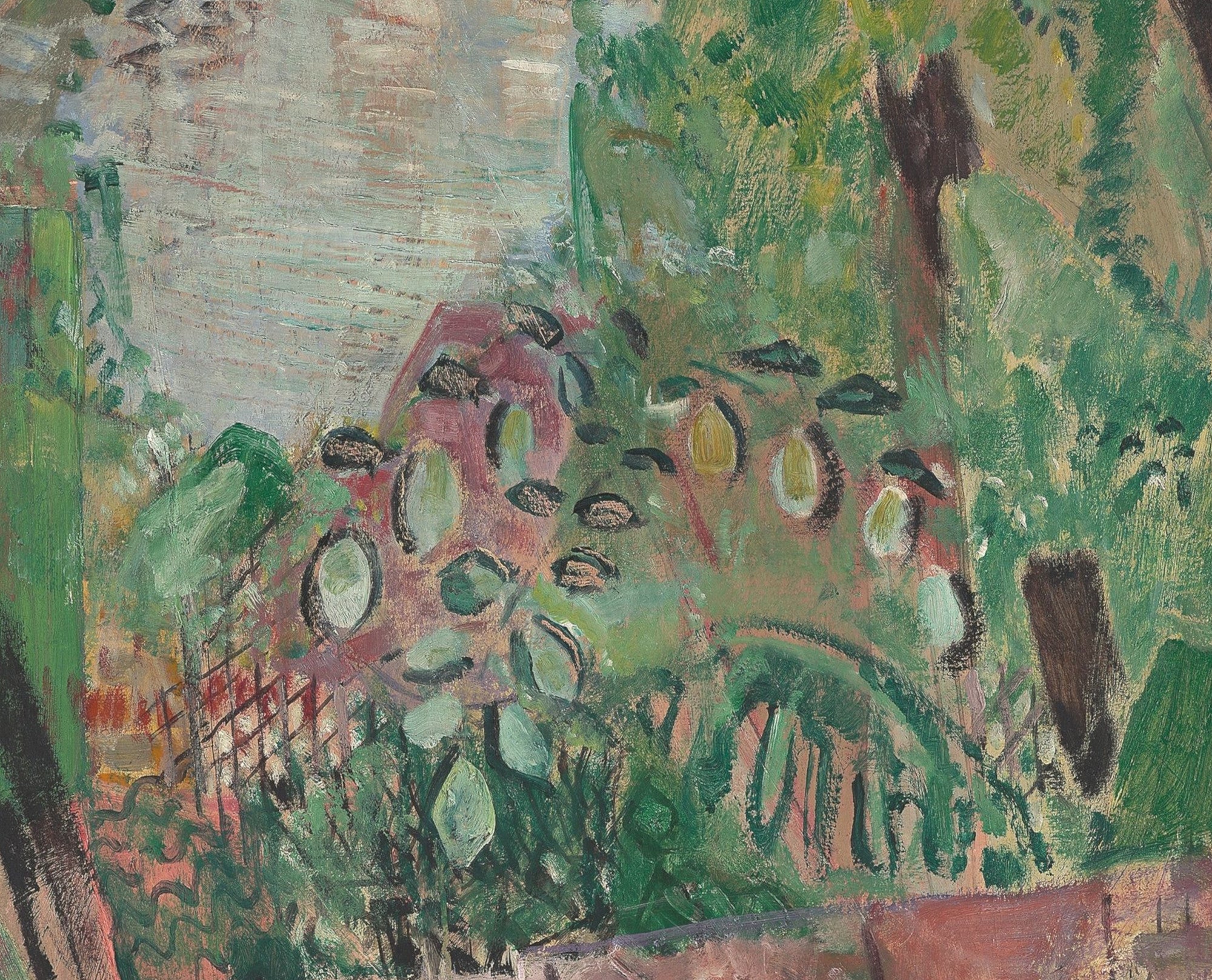 View of sea with leaves and two white sailing boats, Oskar Moll