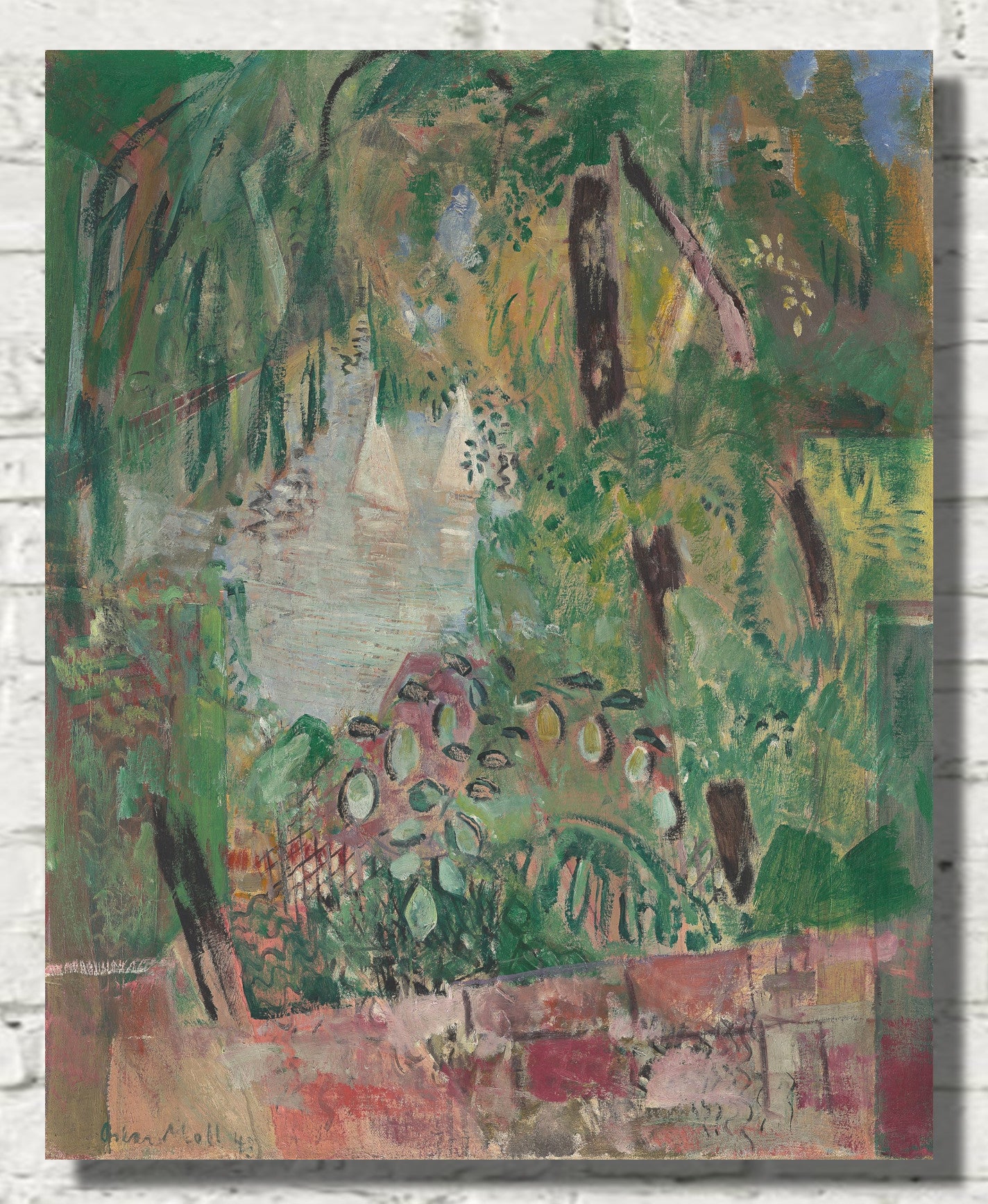 View of sea with leaves and two white sailing boats, Oskar Moll