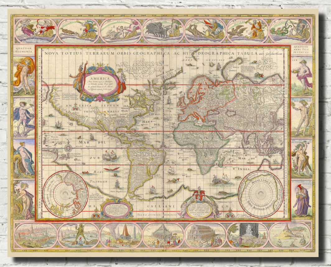 World Map 1635, Willem Blaeu - Nova totius terrarum orbis geographica ac hydrographica tabula 9564