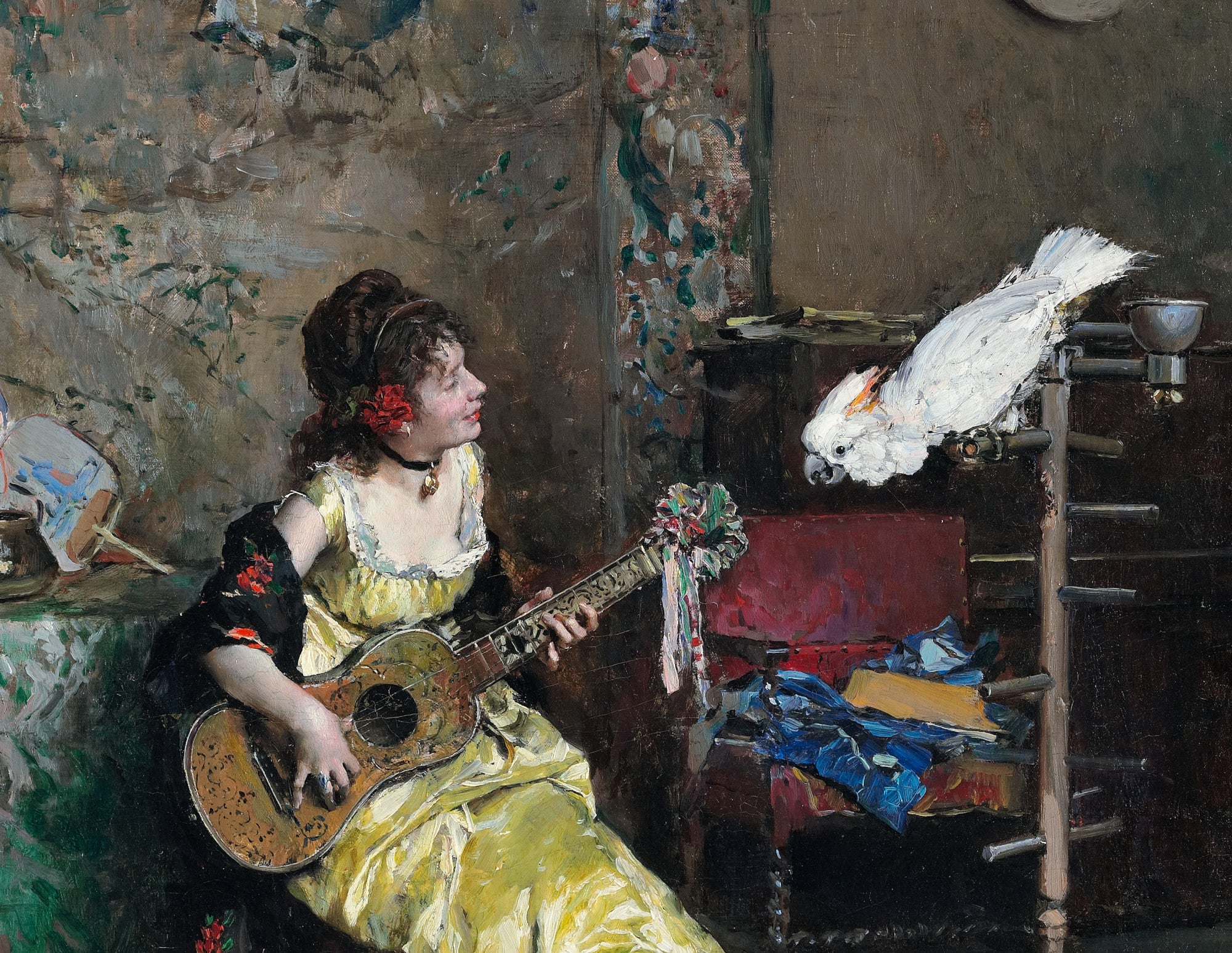 Woman With A Parrot, Raimundo de Madrazo y Garreta Fine Art Print