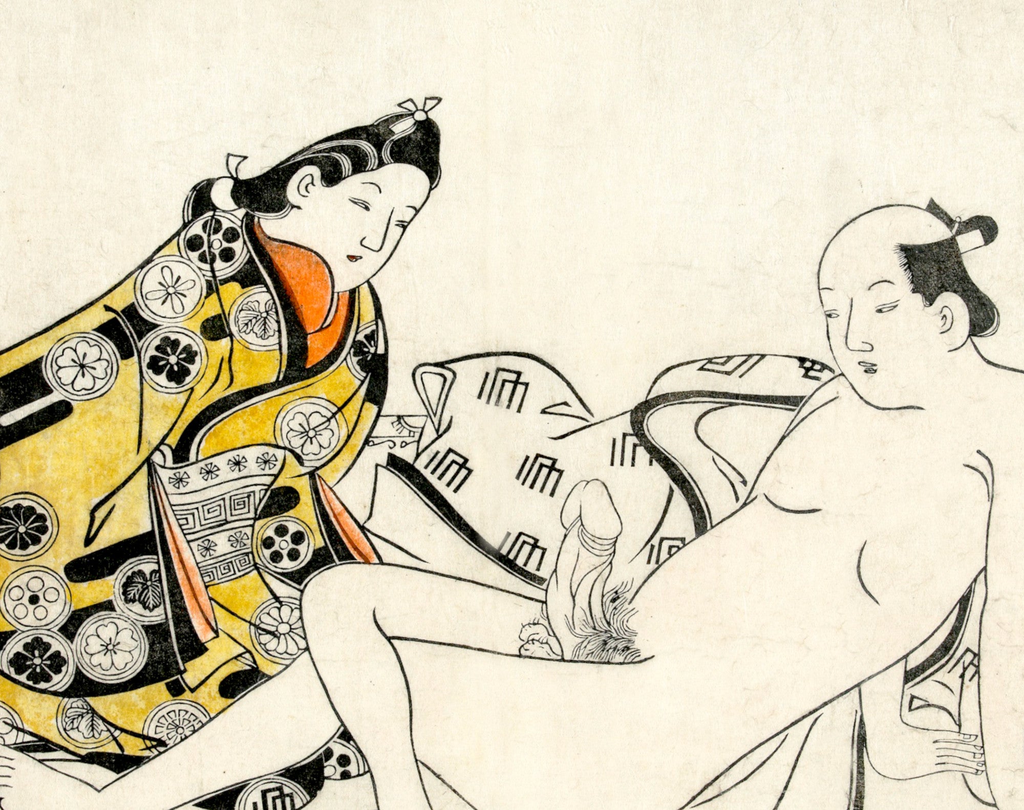 Hishikawa Moronobu Japanese Print, Young woman and naked man on rug