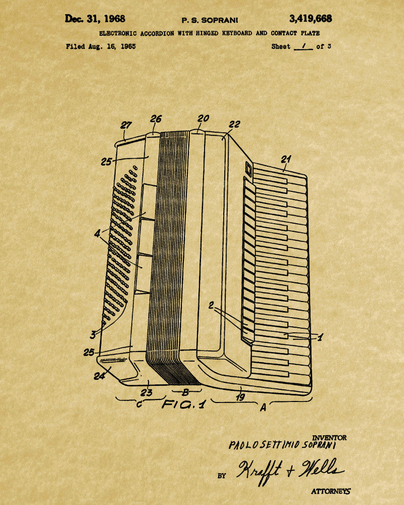 Accordian Patent Print Music Blueprint Poster