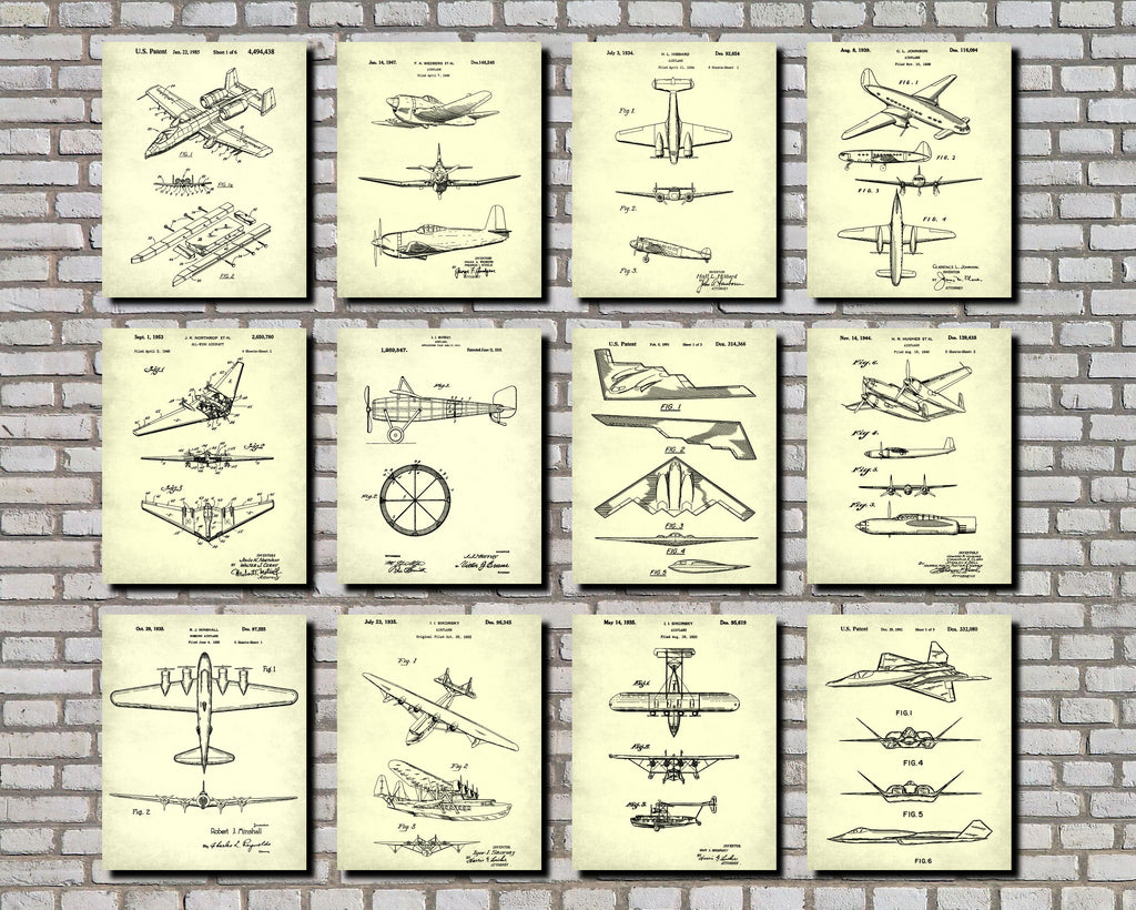 Aircraft Patent Prints Set 12 Flying Posters Pilot Gift