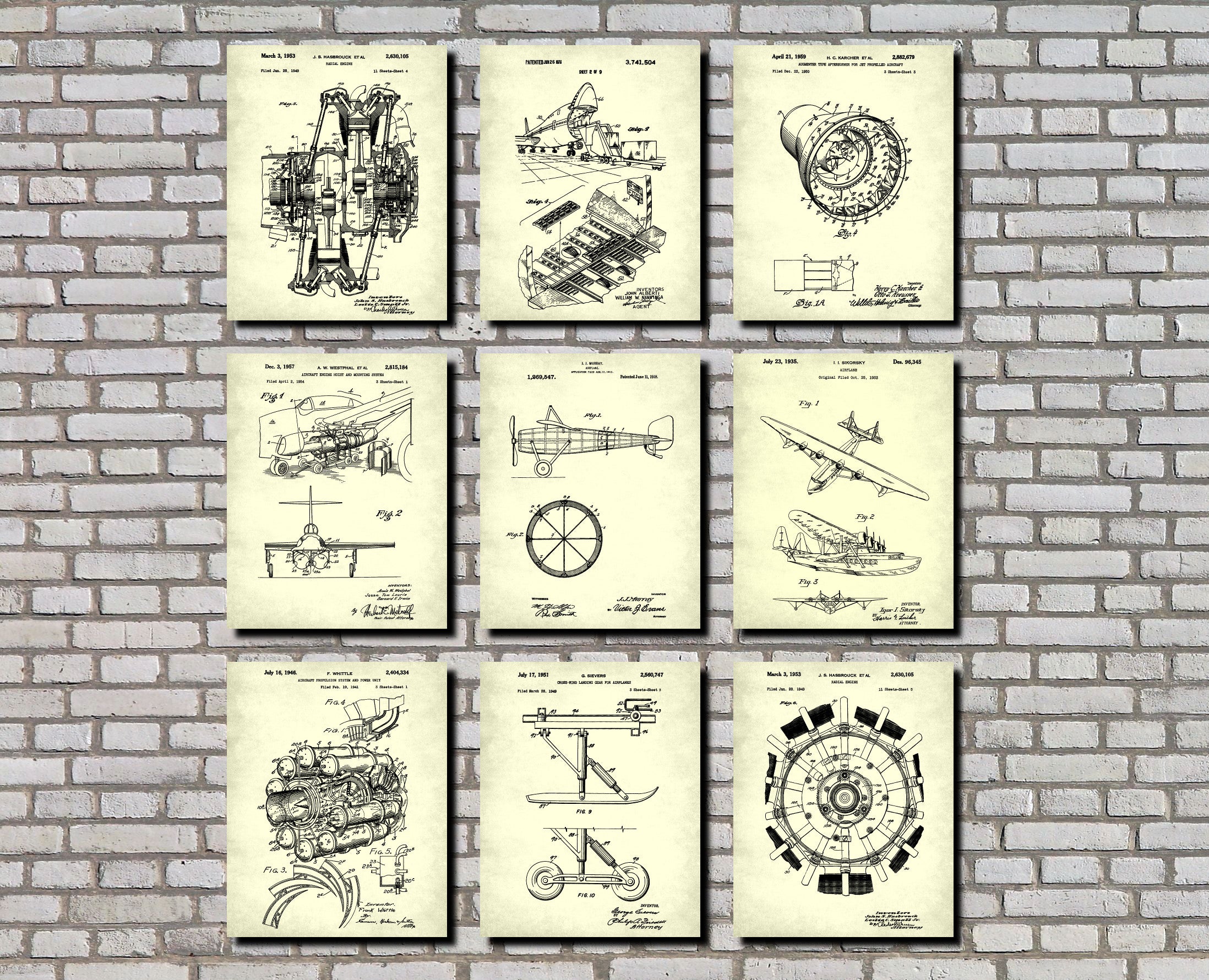 Aircraft Patent Prints Set 9 Flying Posters Pilot Gift