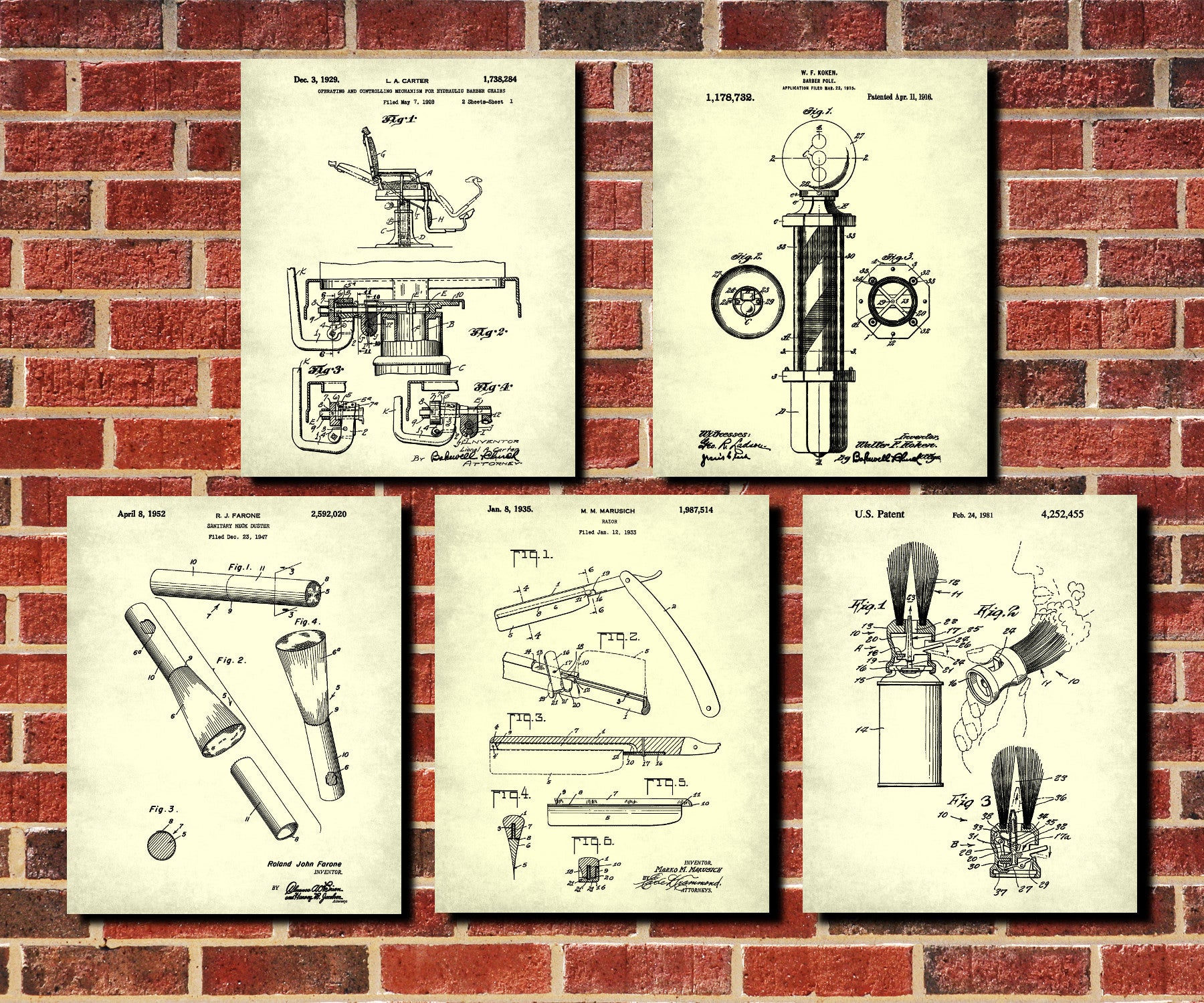 Barber Patent Prints Set 5 Hairdressing Posters Barber Gift