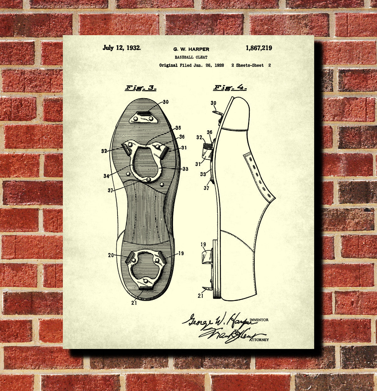 Baseball Cleats Patent Print Sports Blueprint Baseball Poster