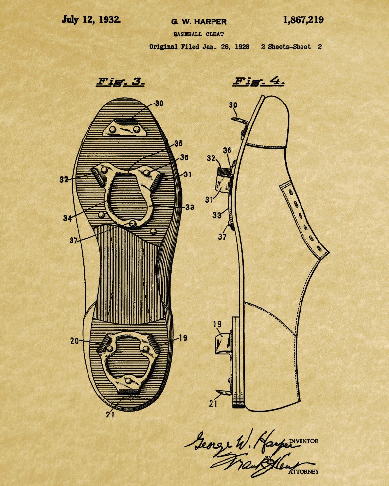 Baseball Cleats Patent Print Sports Blueprint Baseball Poster