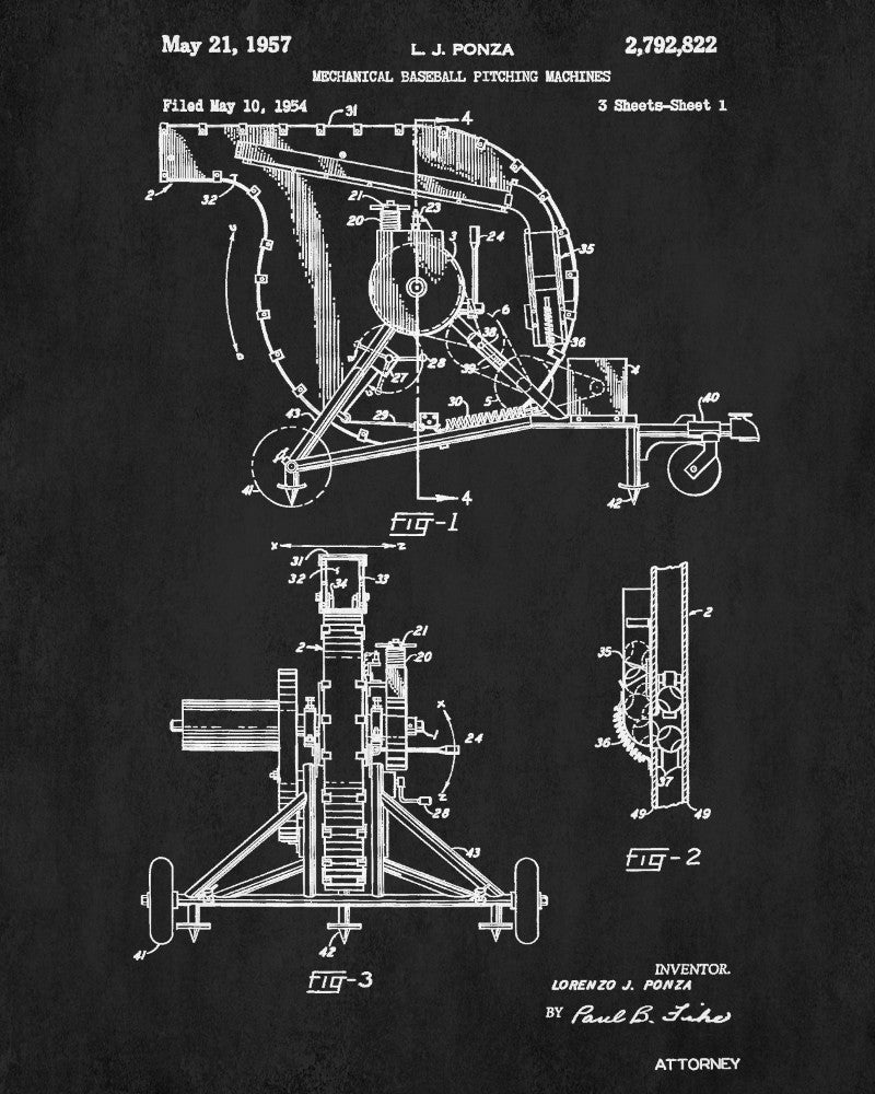 Baseball Pitching Machine Patent Print Sports Blueprint Poster
