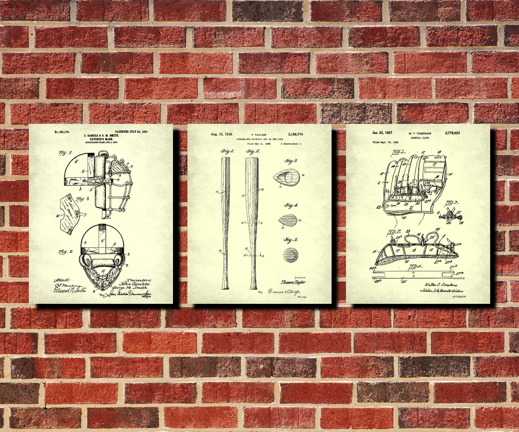 Baseball Patent Prints Set 3 Sports Blueprint Posters