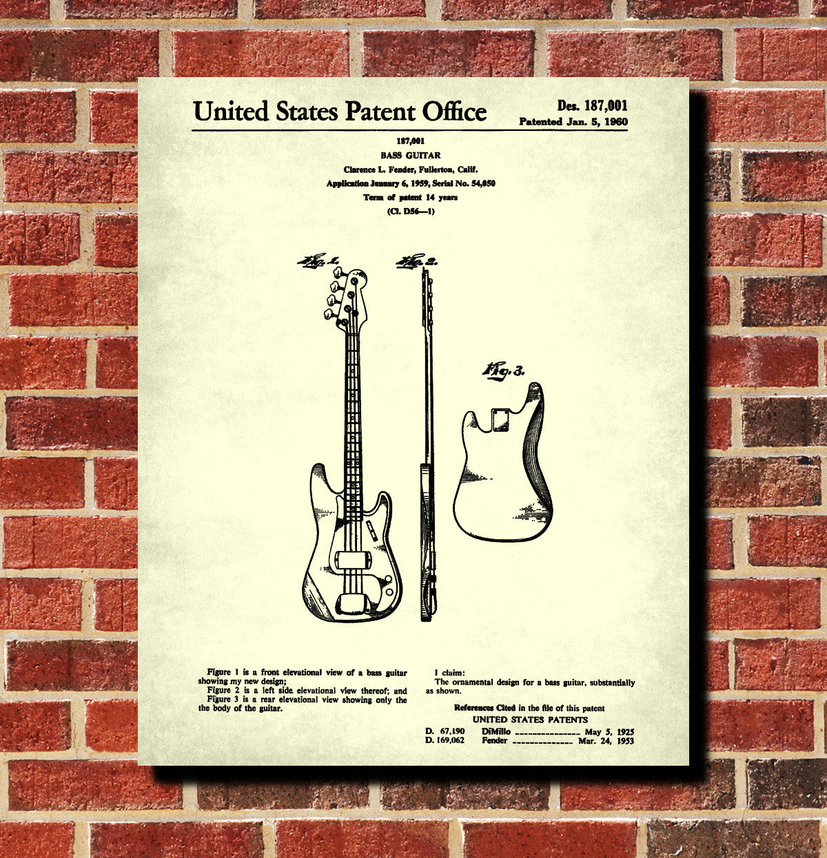 Fender Bass Guitar Patent Print Musical Instrument Poster