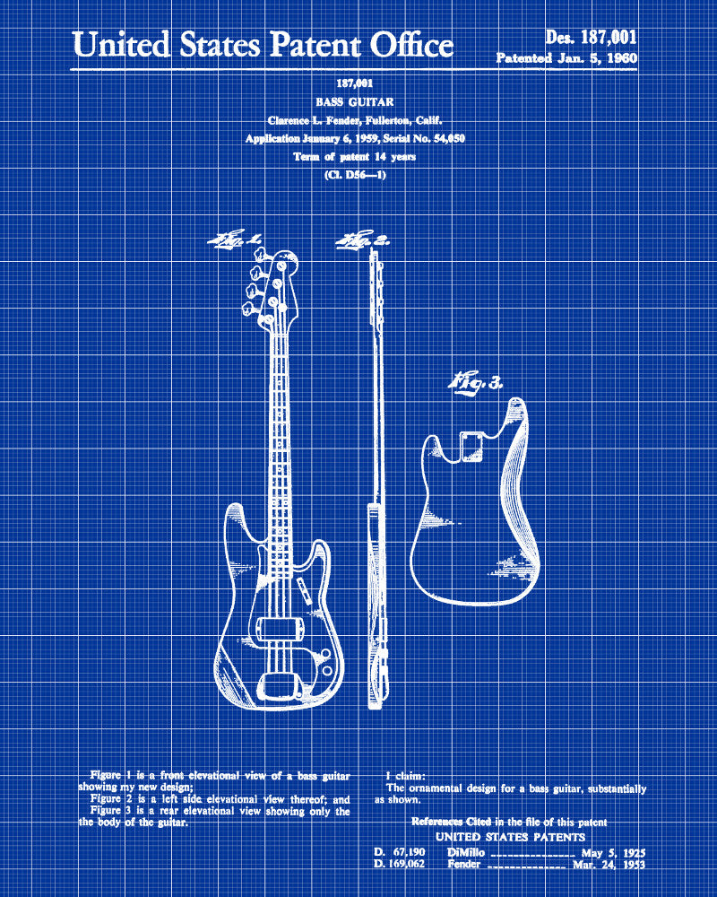 Fender Bass Guitar Patent Print Musical Instrument Poster