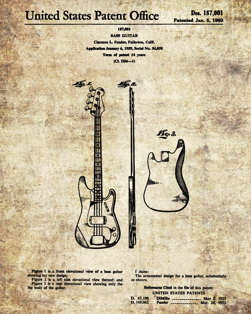 Fender Bass Guitar Patent Print Musical Instrument Poster