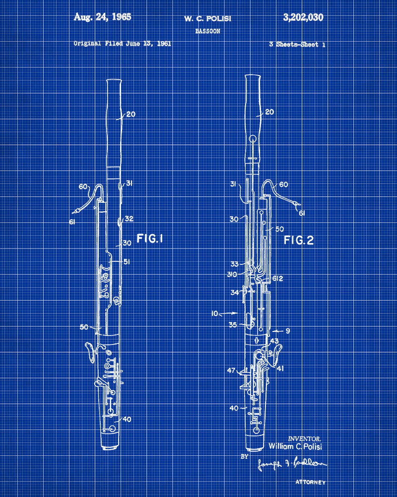 Bassoon Patent Print Orchestra Musical Instrument Wall Art Poster