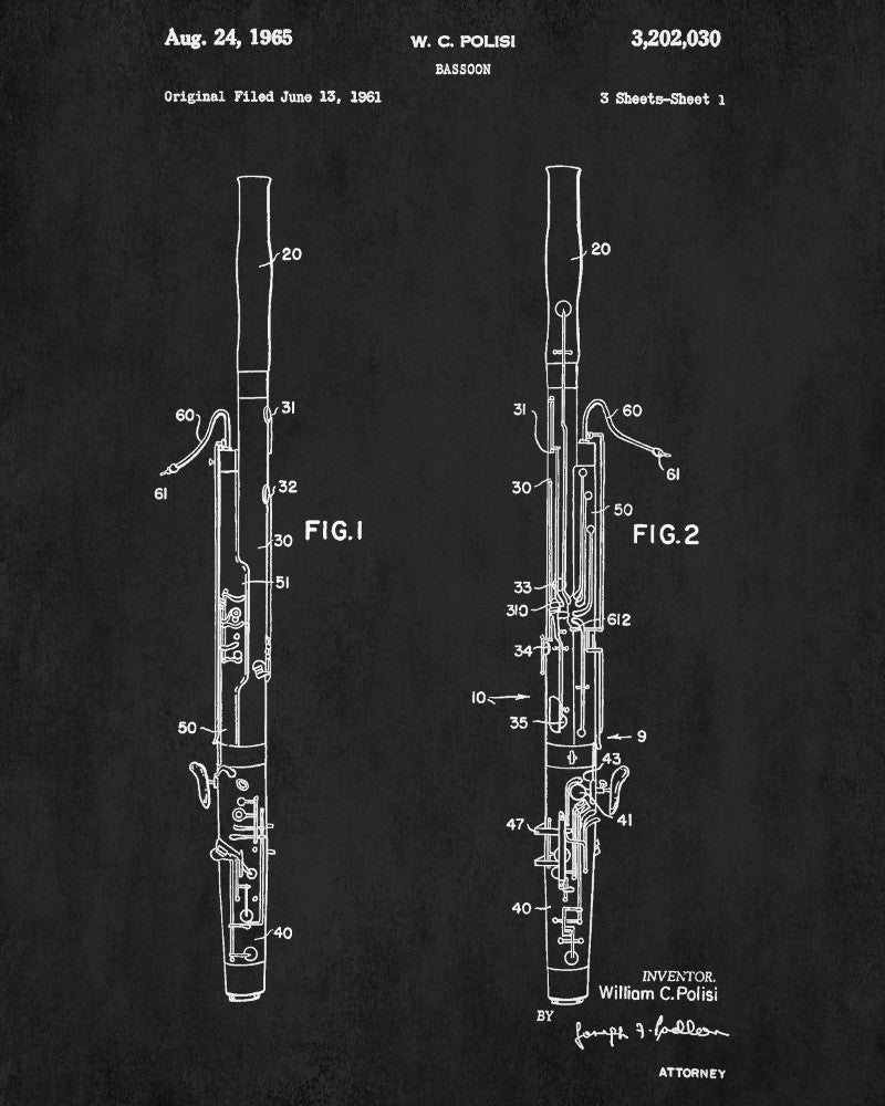 Bassoon Patent Print Orchestra Musical Instrument Wall Art Poster