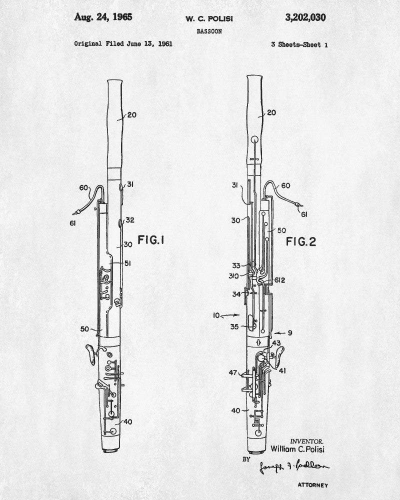 Bassoon Patent Print Orchestra Musical Instrument Wall Art Poster