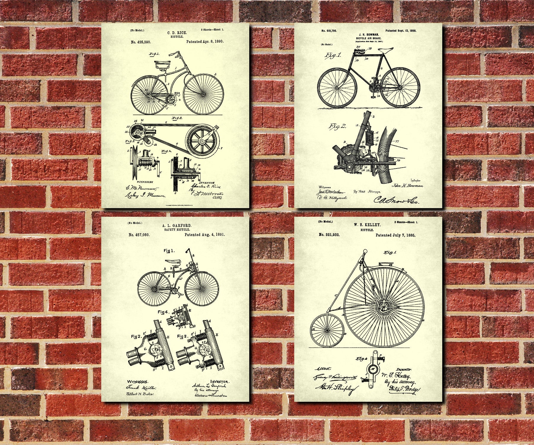 Bicycle Patent Prints Set 4 Cycling Blueprint Posters