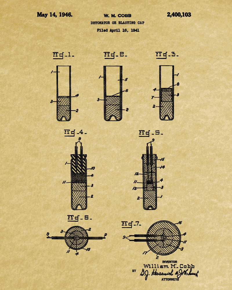 Blasting Cap Detonator Patent Print Gold Rush Mining Poster