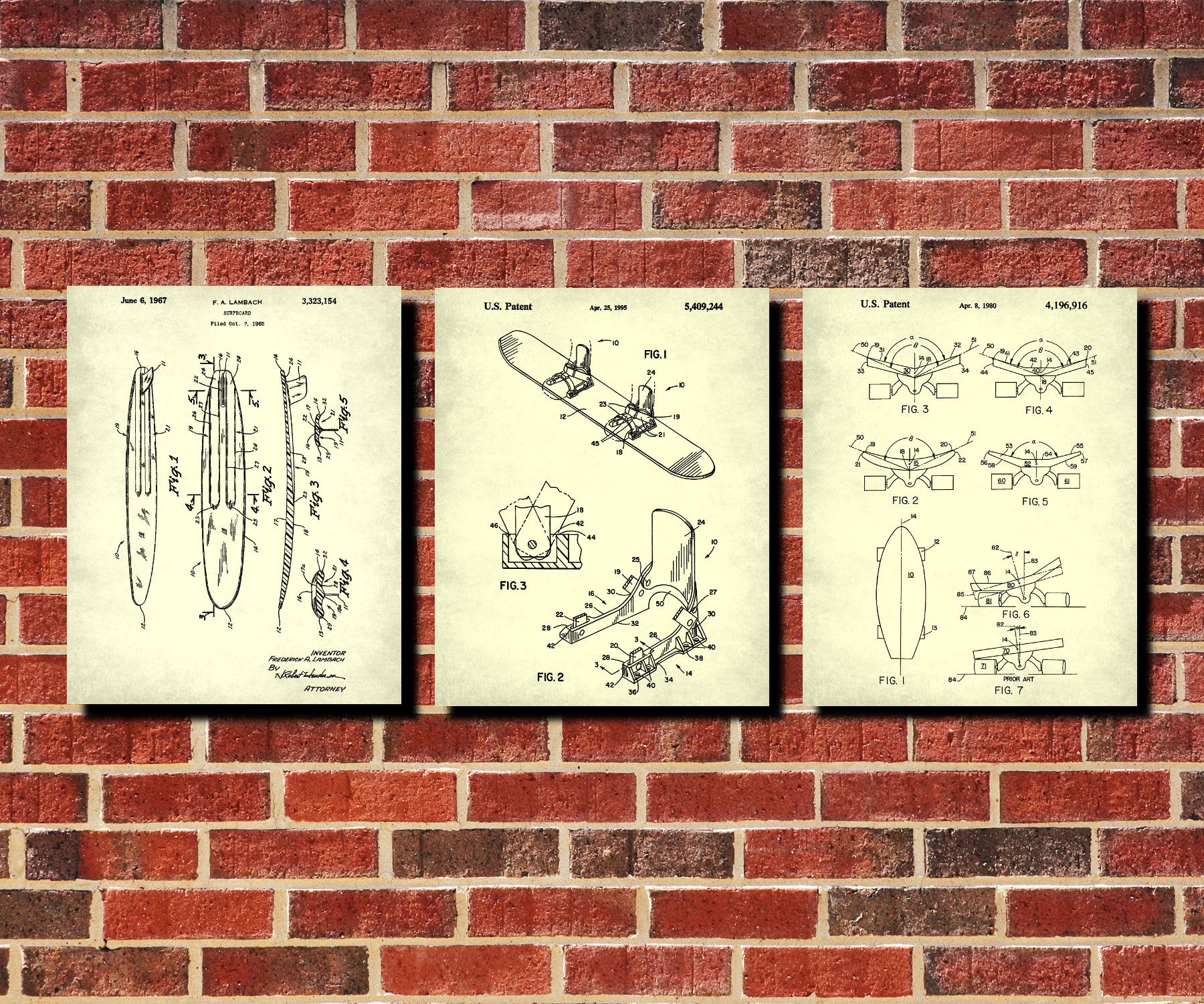 Sports Patent Prints Set 3 Snowboard, Surfing, Skateboard Posters