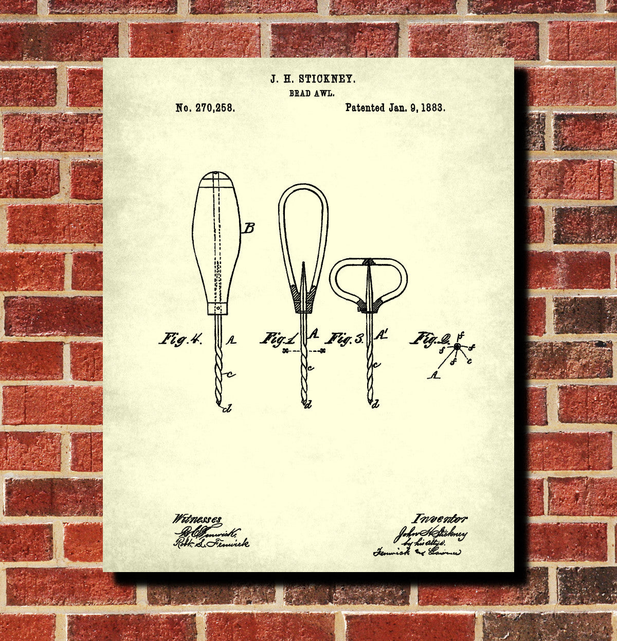 Carpenters Brad Awl Patent Print Hand Tools Blueprint Workshop Poster