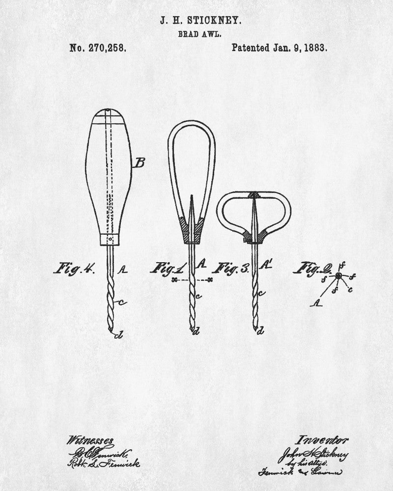 Carpenters Brad Awl Patent Print Hand Tools Blueprint Workshop Poster