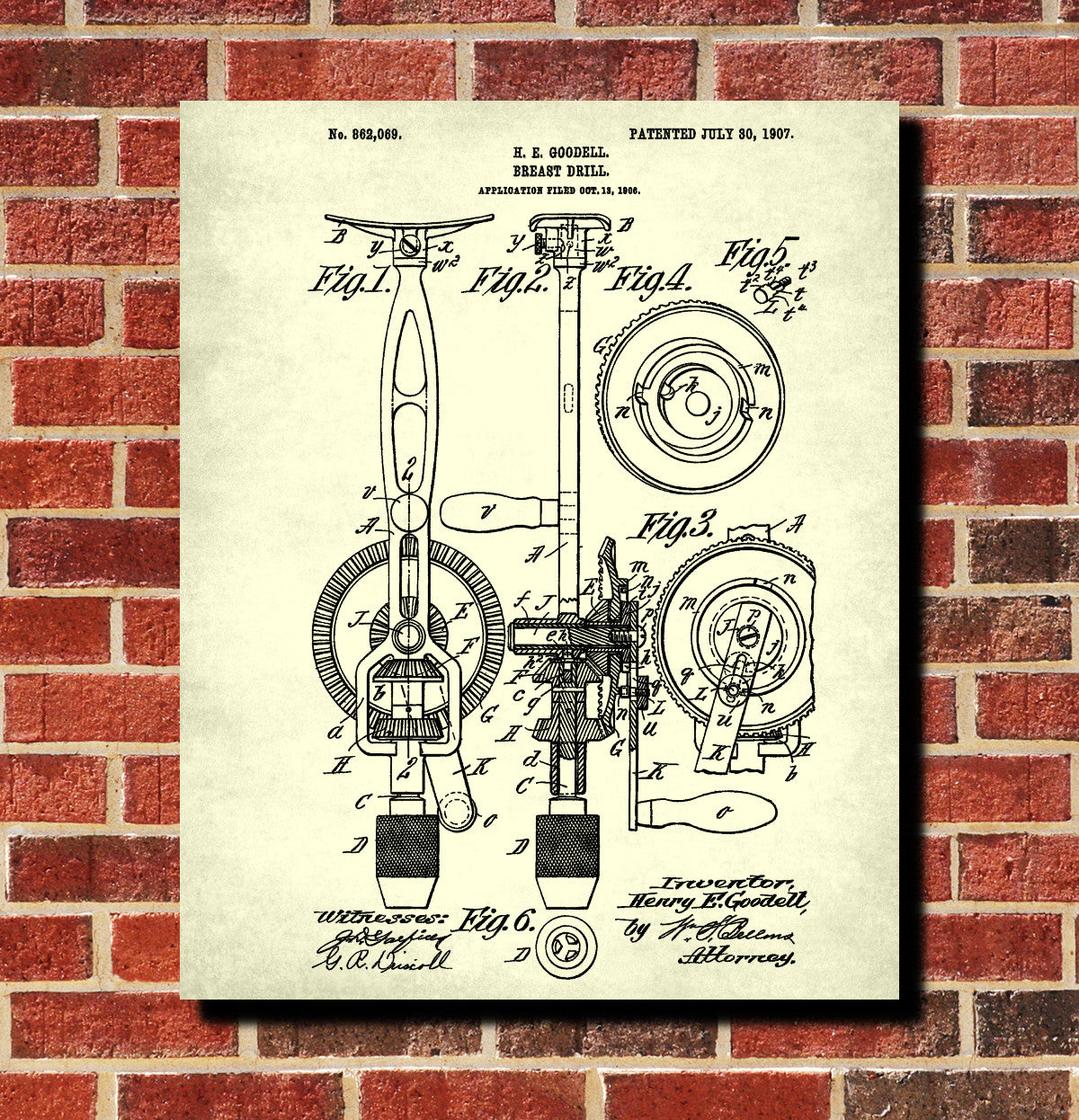 Breast Drill Patent Print Hand Tools Blueprint Workshop Poster