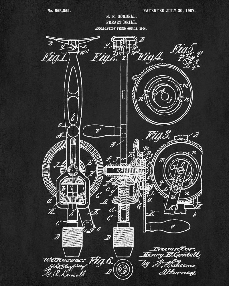 Breast Drill Patent Print Hand Tools Blueprint Workshop Poster