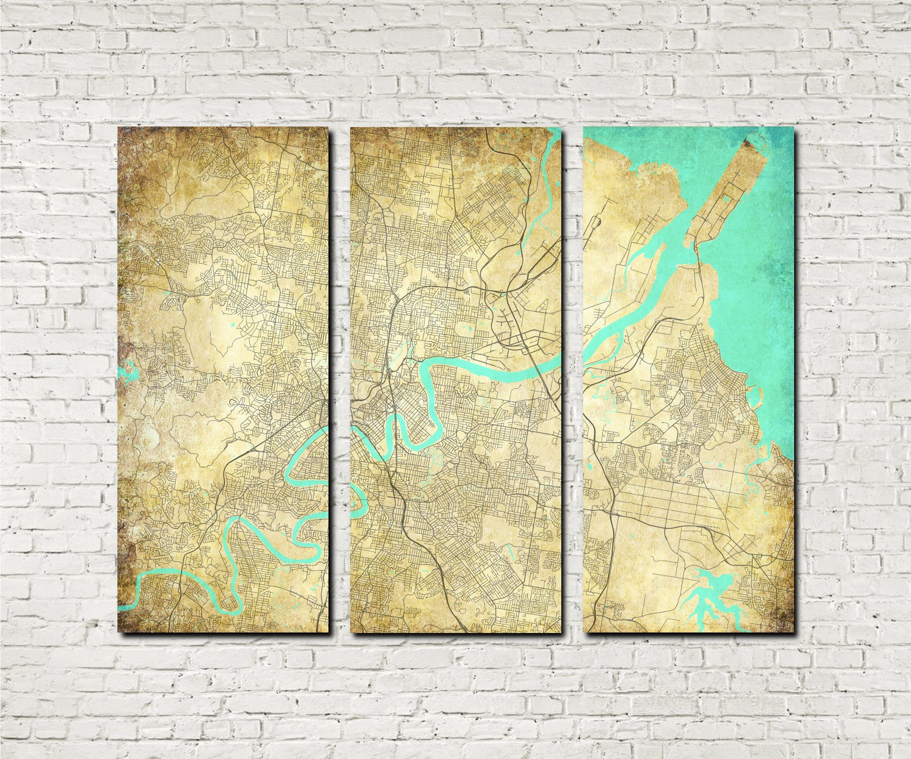 Brisbane City Street Map 3 Panel Canvas Wall Art 7009C3