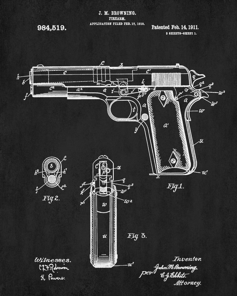 Browning Pistol Patent Print Handgun Blueprint Firearms Poster