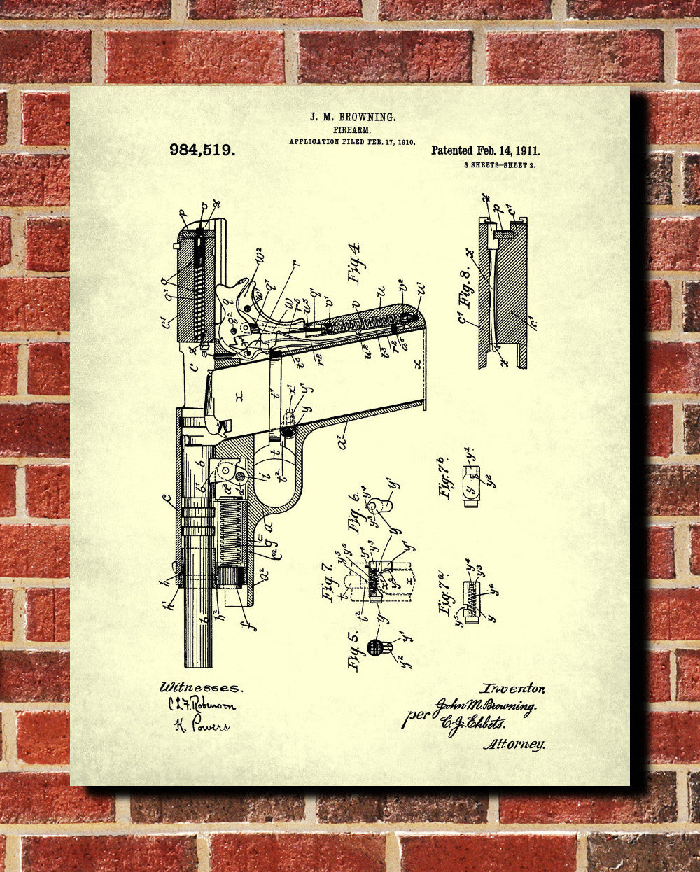 Browning Pistol Patent Print Handgun Blueprint Firearm Poster - OnTrendAndFab