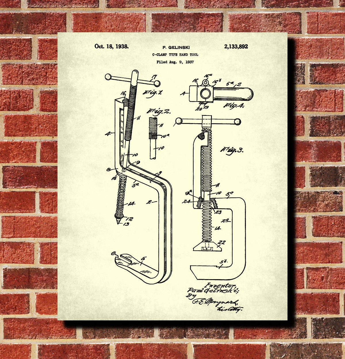 Carpenters C Clamp Patent Print Hand Tools Blueprint Workshop Poster