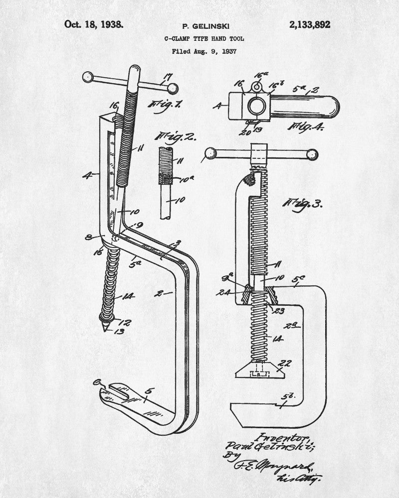 Carpenters C Clamp Patent Print Hand Tools Blueprint Workshop Poster