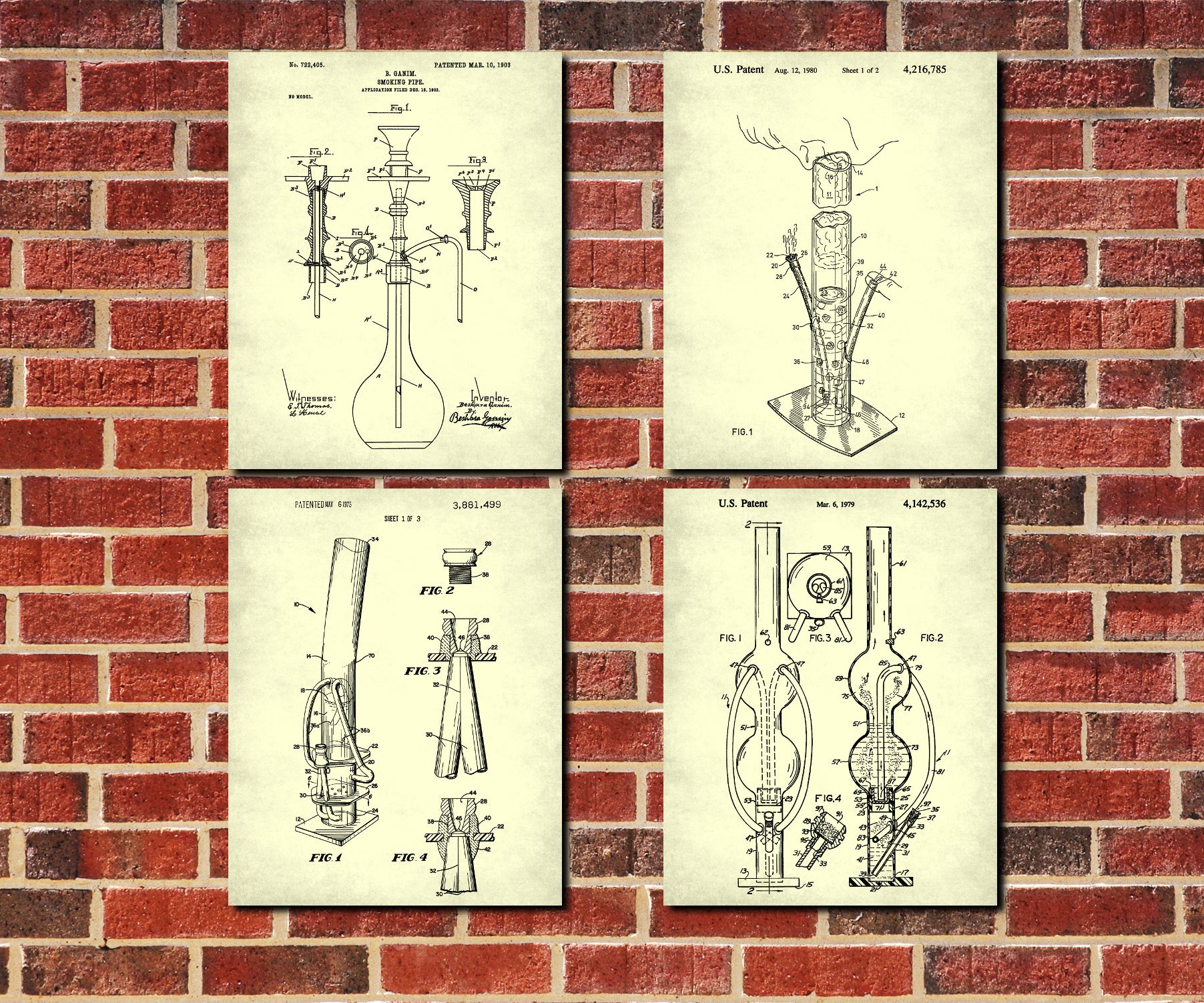 Cannabis Patent Prints Set 4 Water Pipe Bung Posters