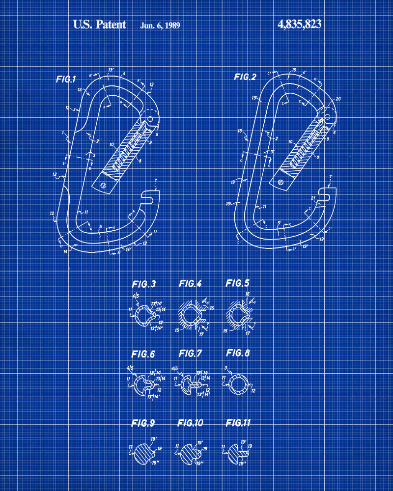 Carabiner Patent Print Climbing Blueprint Mountaineering Poster - OnTrendAndFab