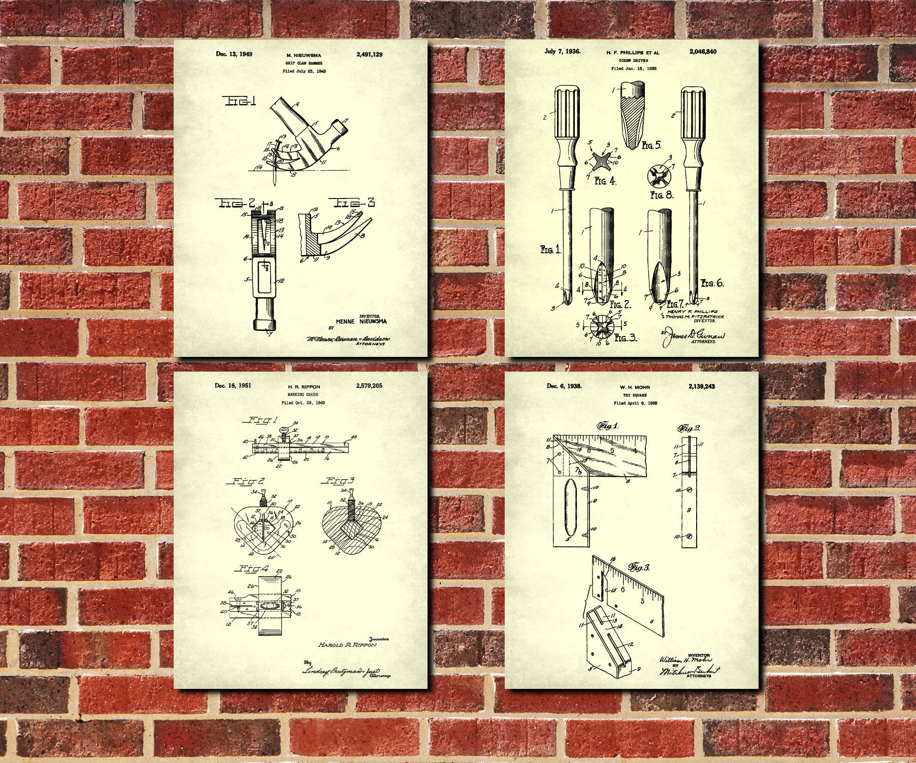 Carpenters Tools Patent Prints Set 4 Carpentry Wall Art Posters