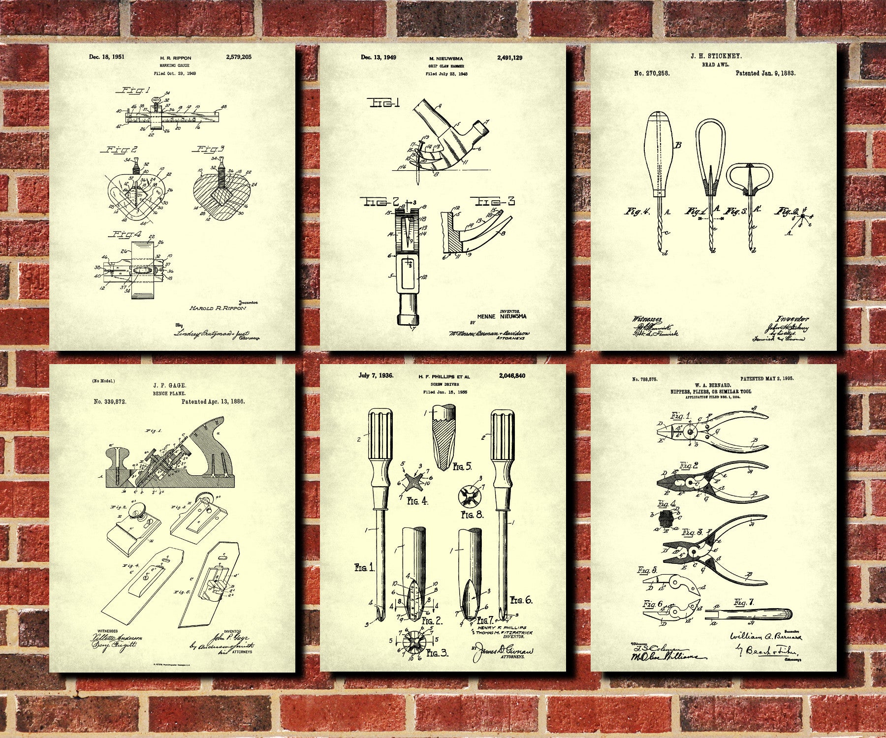 Carpentry Tools Patent Prints Set 6 Carpenter Blueprint Posters