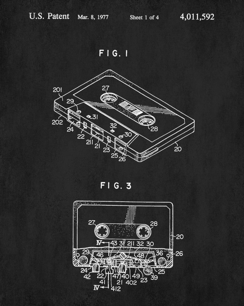 Cassette Tape Patent Print 80's Music Blueprint Poster