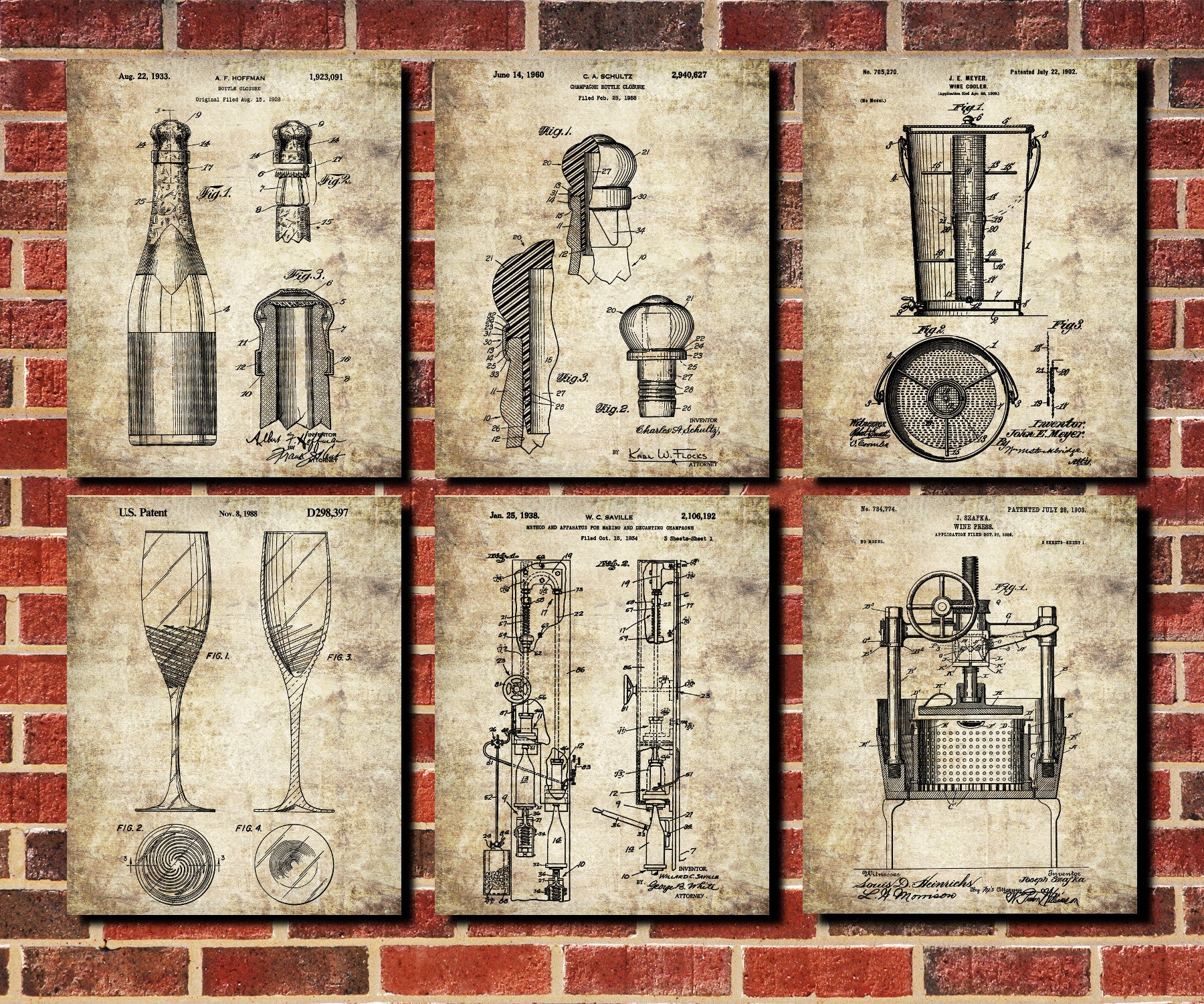 Champagne Patent Prints Set 6 Cafe Bar Art Posters - OnTrendAndFab