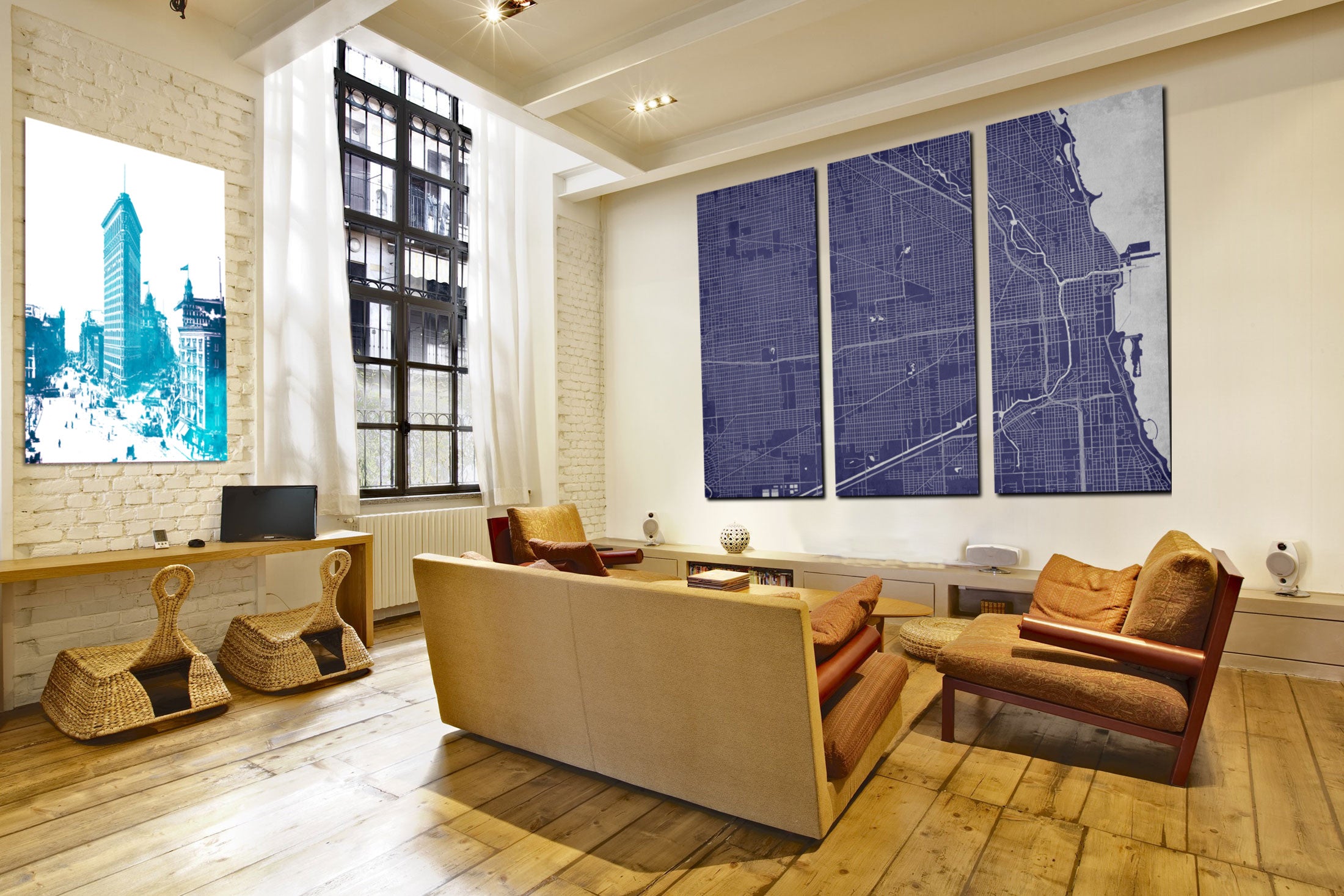 Chicago City Street Map 3 Panel Canvas Wall Art 7002C3B
