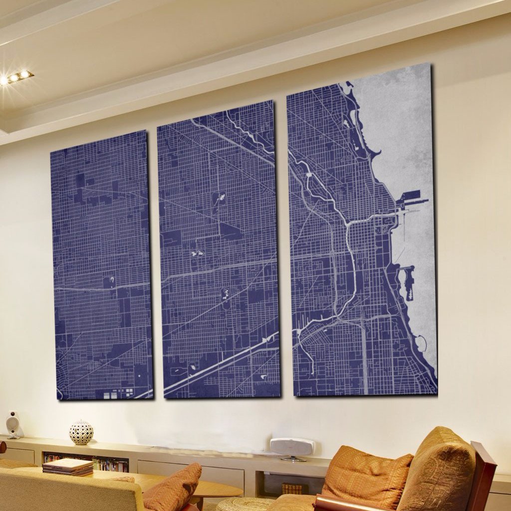 Chicago City Street Map 3 Panel Canvas Wall Art 7002C3B