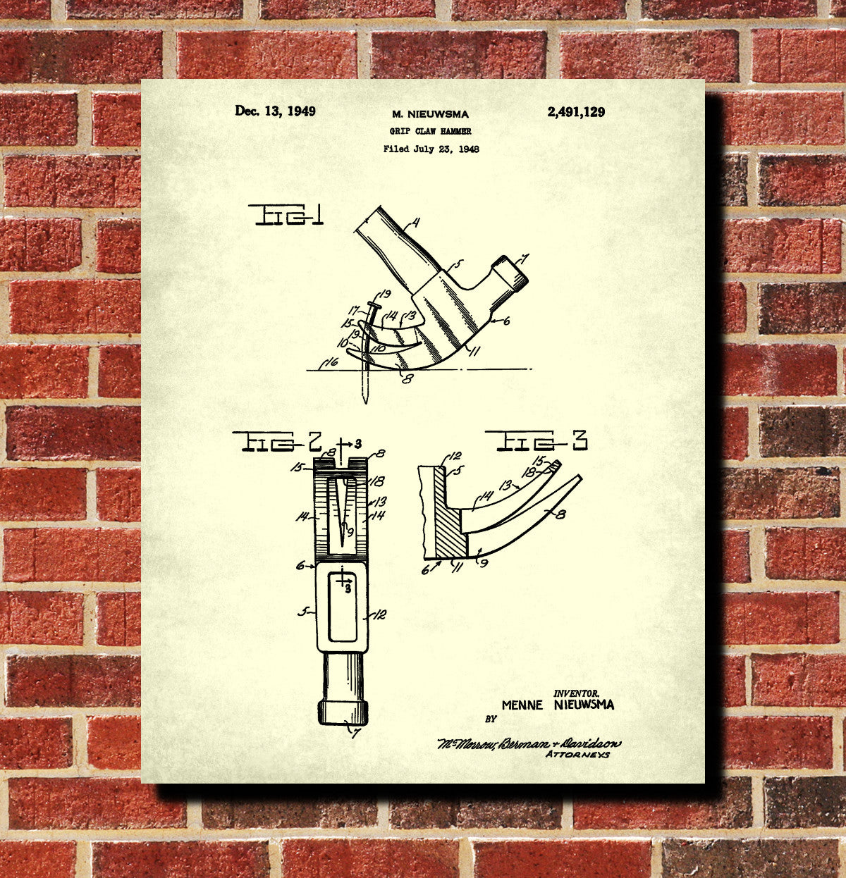 Claw Hammer Patent Print Hand Tools Blueprint Workshop Poster