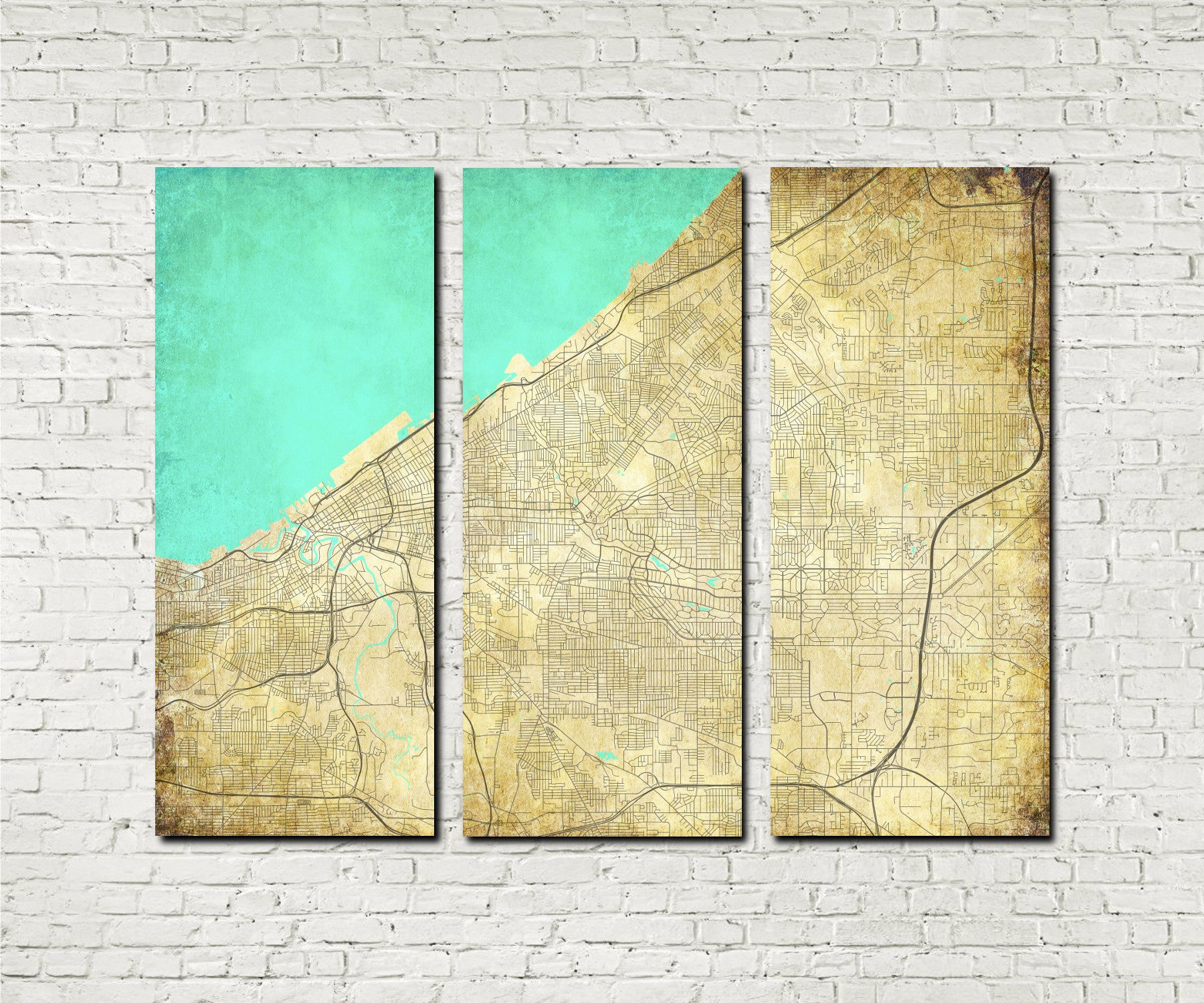 Cleveland Ohio City Street Map 3 Panel Canvas Wall Art 7119C3