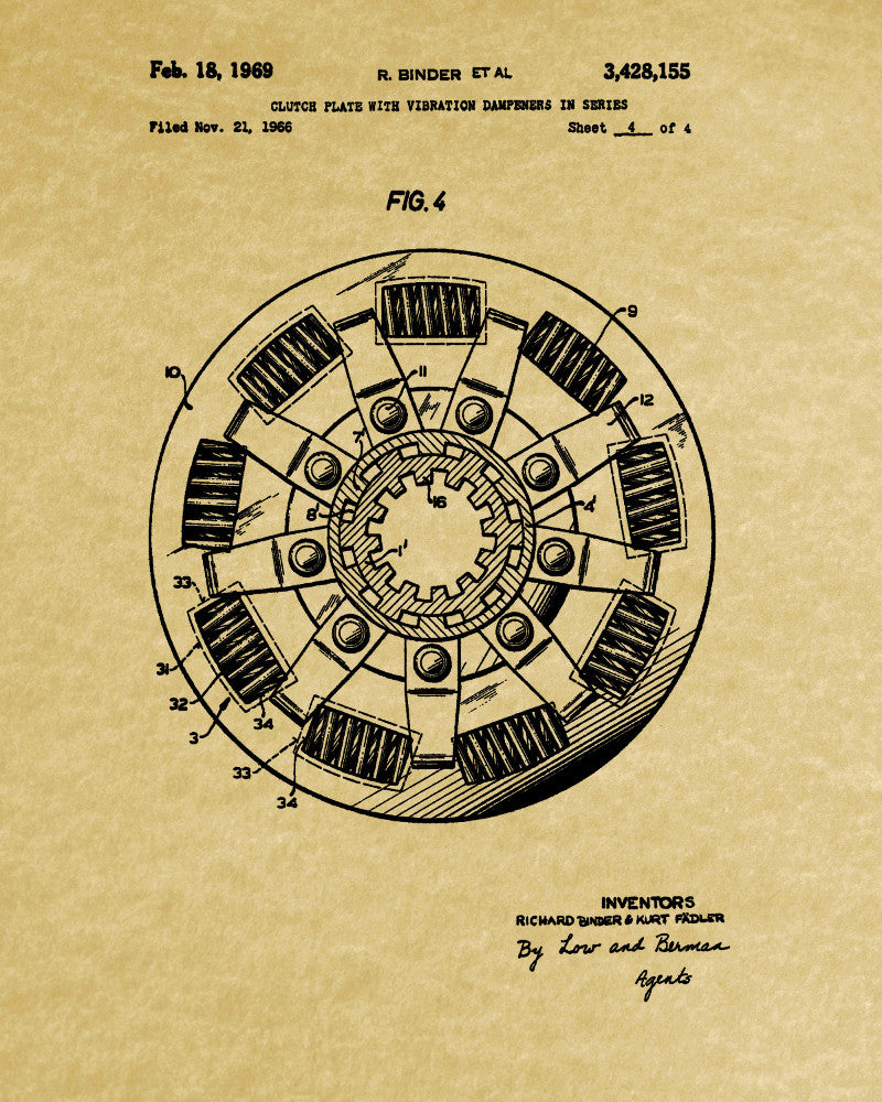 Clutch Plate Patent Print Garage Blueprint Workshop Poster