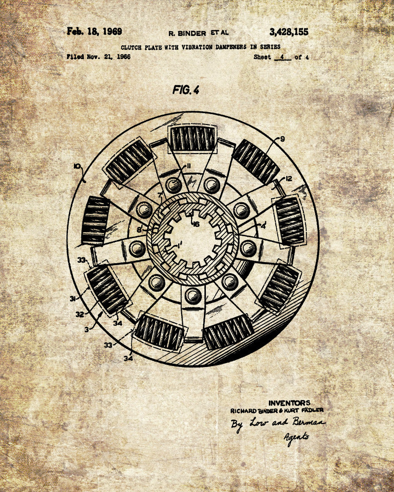 Clutch Plate Patent Print Garage Blueprint Workshop Poster