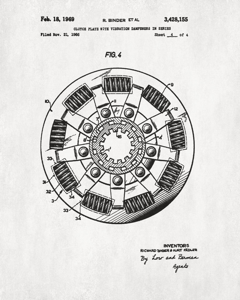 Clutch Plate Patent Print Garage Blueprint Workshop Poster