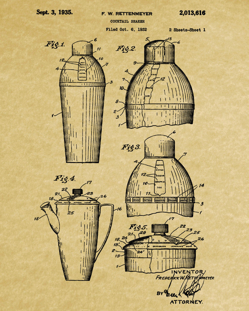 Bar Poster Cocktail Shaker Patent Print Cafe Art Pub Wall Poster