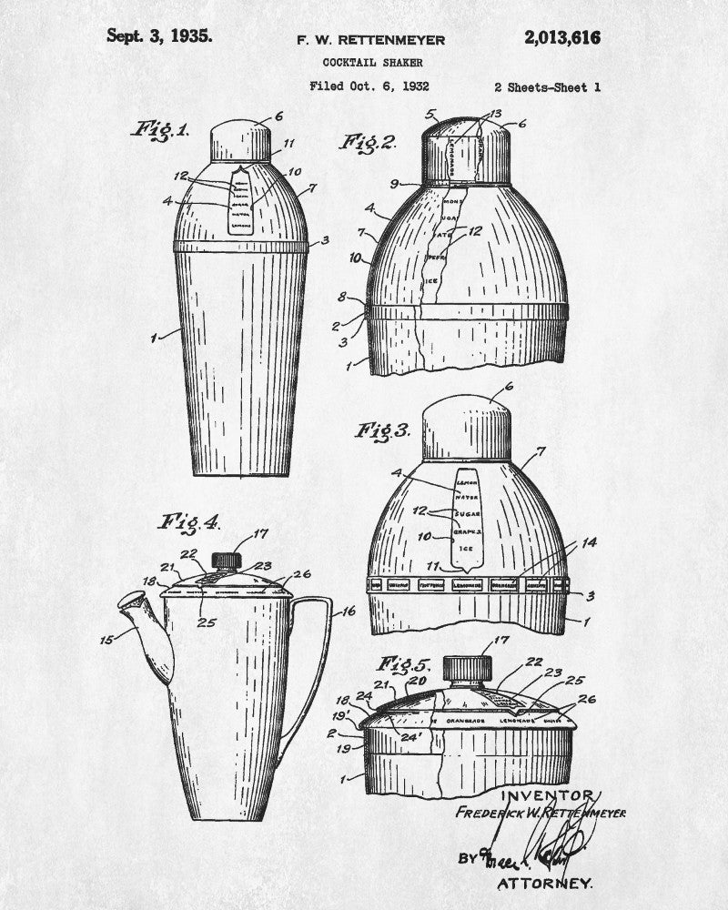 Bar Poster Cocktail Shaker Patent Print Cafe Art Pub Wall Poster
