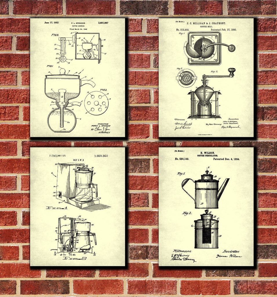 Cafe Patent Prints Coffee Wall Art Kitchen Posters Set 4