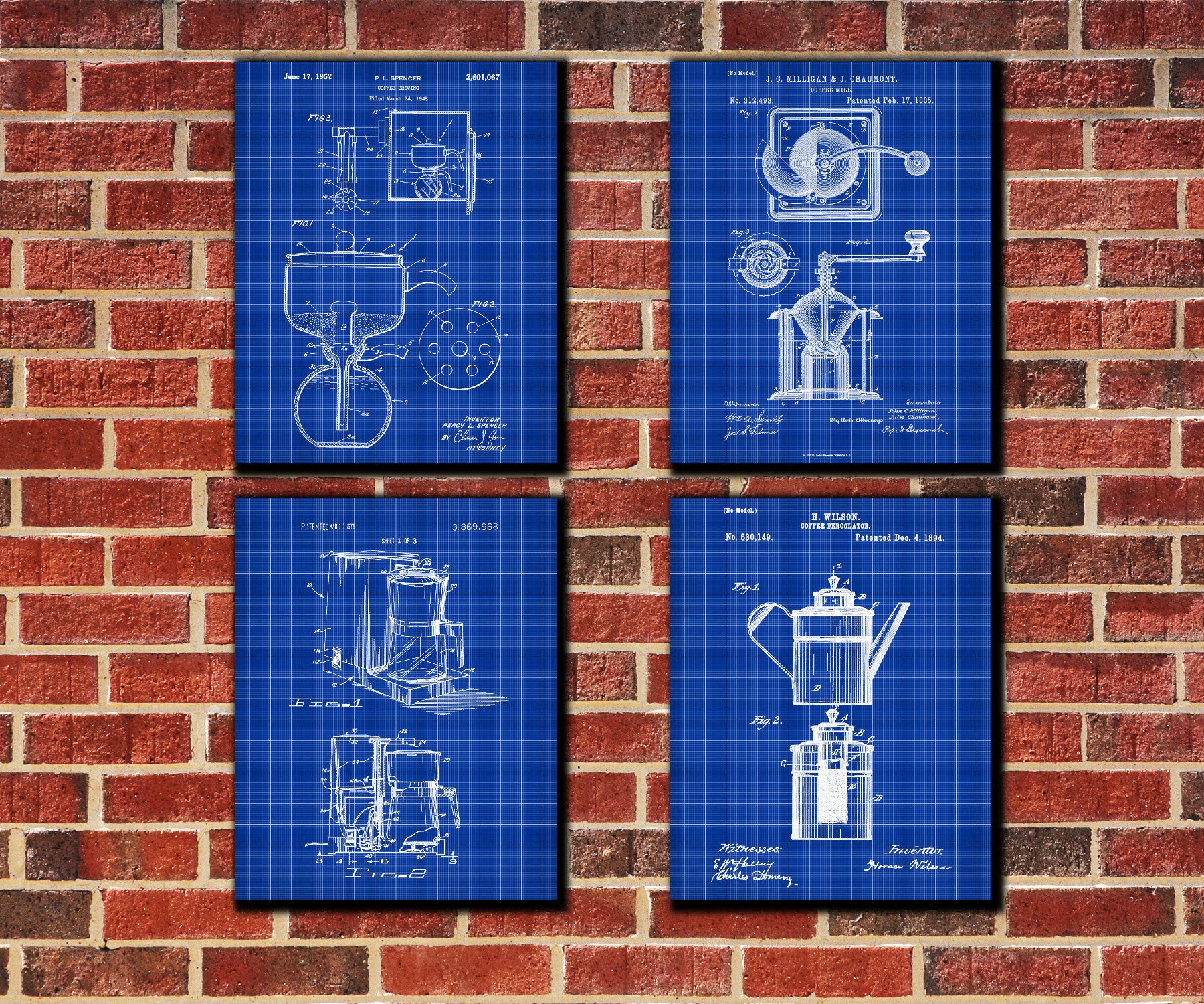 Cafe Patent Prints Coffee Wall Art Kitchen Posters Set 4