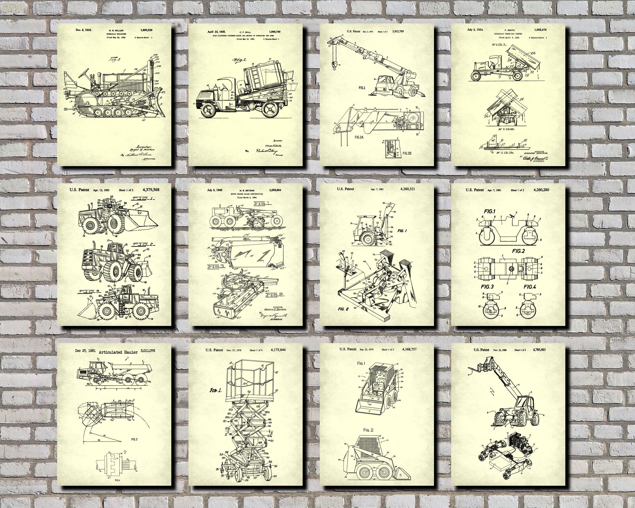 Construction Vehicle Posters, Set 9 Mining Patent Prints