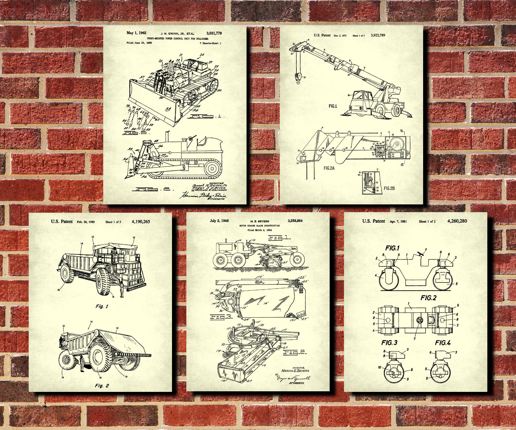 Construction Vehicle Posters, Set 5 Mining Patent Prints